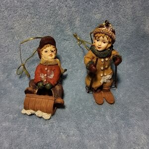 Vintage Homco Primitive Rustic Kids Playing Skiing Sledding Christmas Ornaments